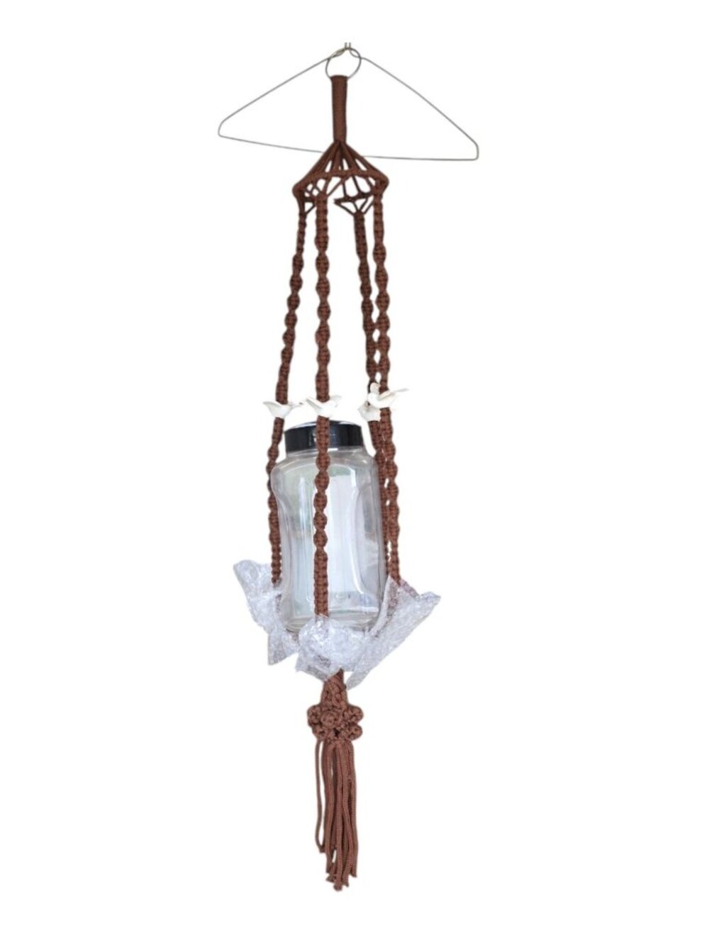 Vintage Handwoven Macramé Plant Hanger Approx 5 foot Brown with White Dove Beads